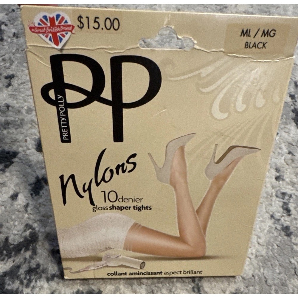 PRETTY POLLY BRILLANT NYLON STOCKINGS BLACK & SHERRY GLOSSY 10-denier Sz MEDIUM